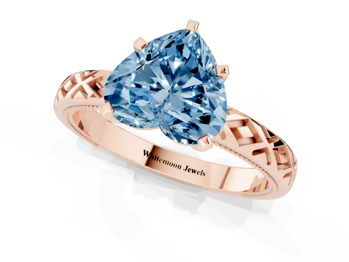 Fancy Blue Heart Cut Solitaire Diamond Ring with Milgrain and Black Enamel X Pattern Band Rose gold