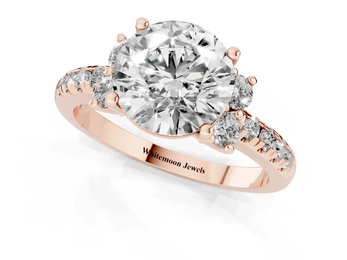Round Cut Diamond Three-Stone Pave Band with Four-Prong Setting Rose gold