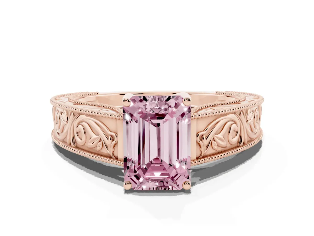Fancy Pink Emerald Cut Diamond Solitaire Ring with Engraved Band and Four-Prong Setting Rose gold