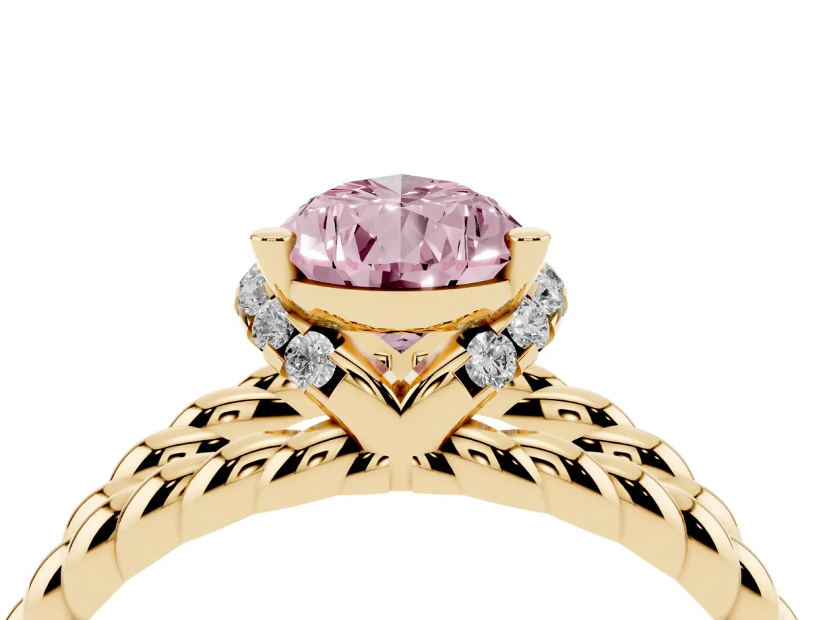 Fancy Pink Pear Cut Halo Twisted Band Four-Prong Ring Yellow gold
