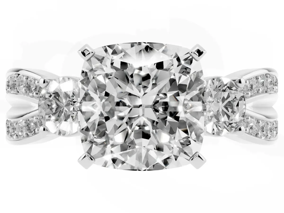 Three-Stone Cushion Cut Cut Diamond Twist Band with Prong Setting Platinum