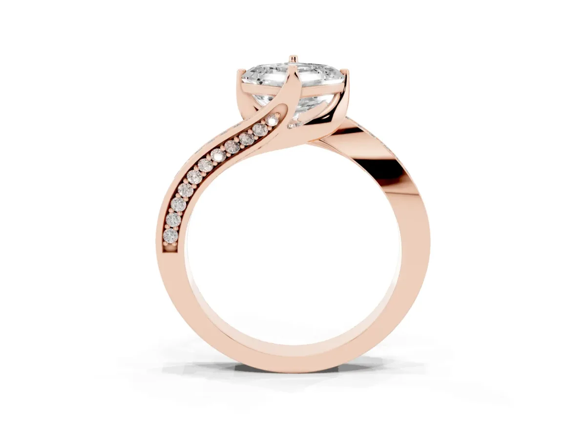 Asscher Cut Solitaire Diamond Twist Band with Pavé Setting and Four-Prong Setting Rose gold