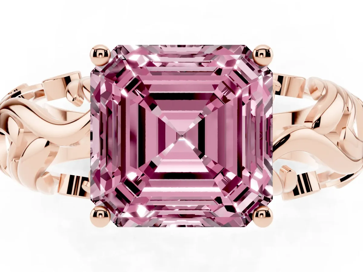 Fancy Pink Asscher Cut Solitaire Diamond Leaf-Inspired Vine Band Ring with Prong Setting Rose gold