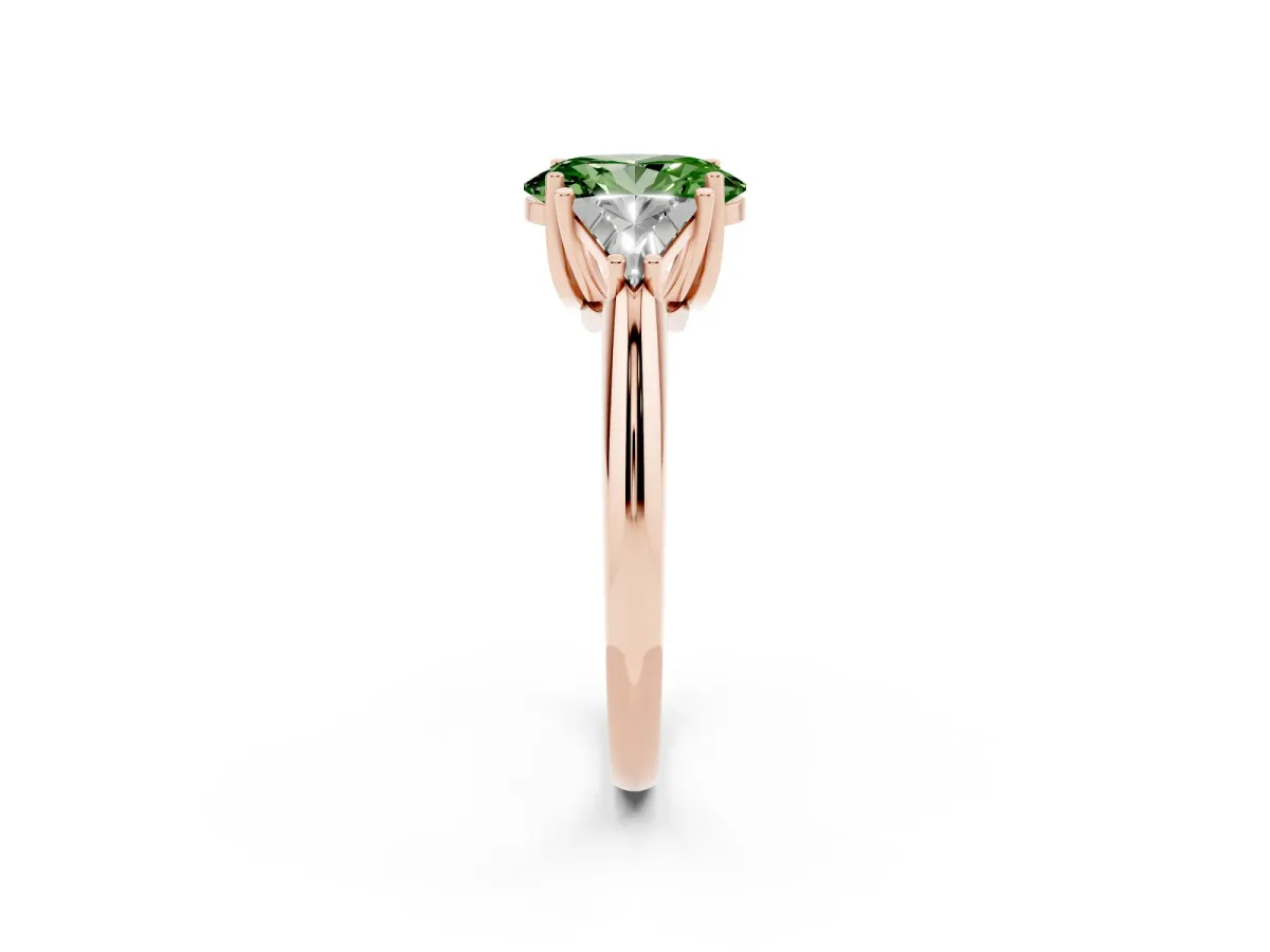 Fancy Green Three-Stone Oval Cut Diamond Engagement Ring with Trillion Side Stones and Prong Setting Rose gold