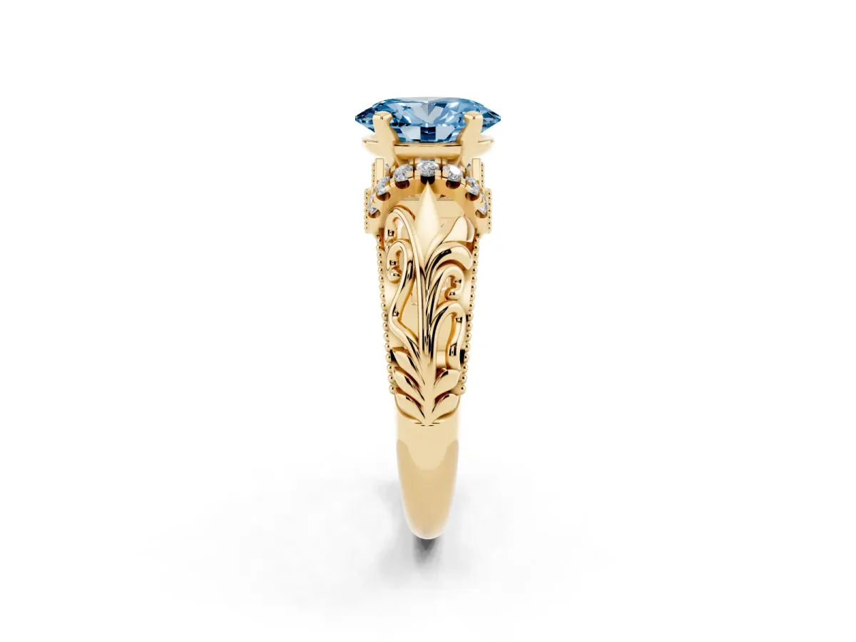 Fancy Blue Oval Cut Solitaire Filigree Engagement Ring with Halo and Prong Setting Yellow gold
