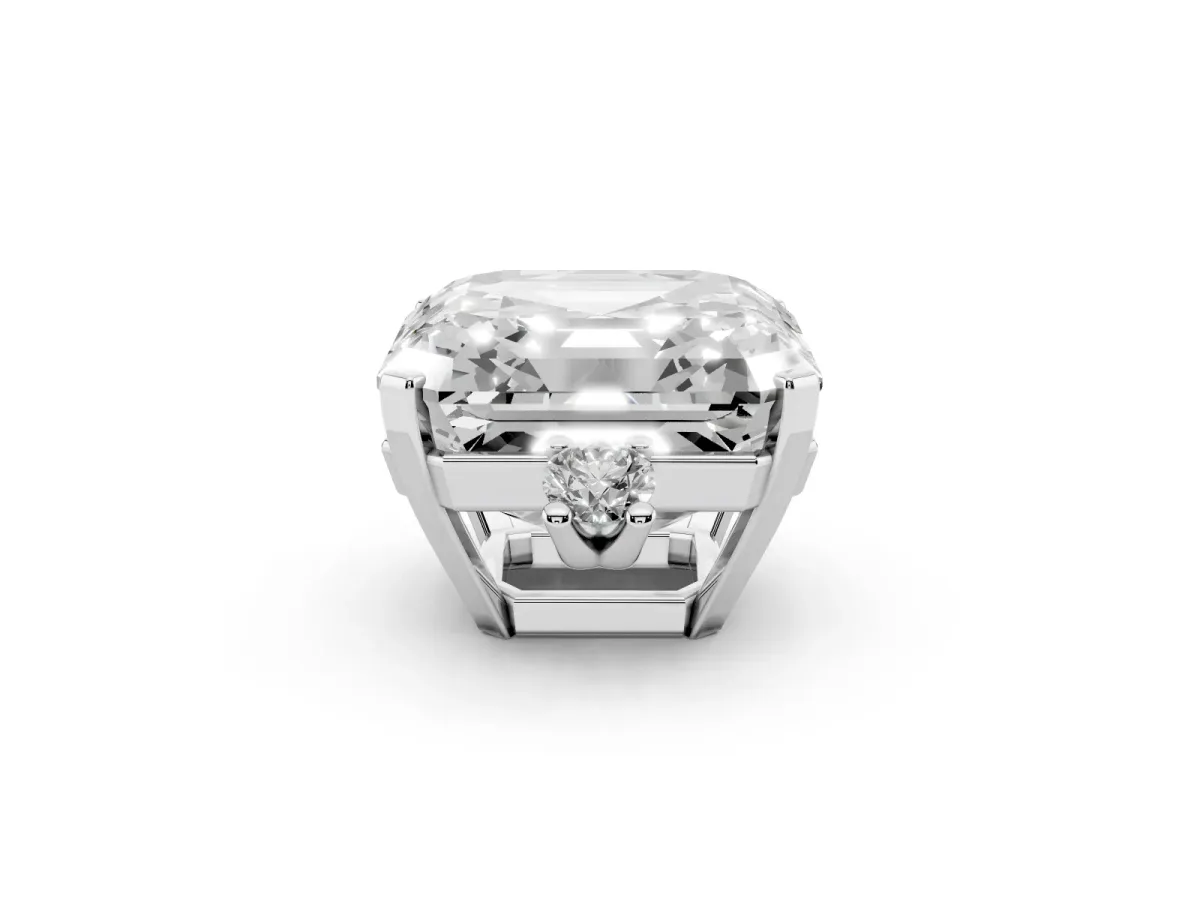 Asscher Cut Cut Three-Stone Solitaire Ring with Round Accent Diamonds and Four-Prong Setting Silver