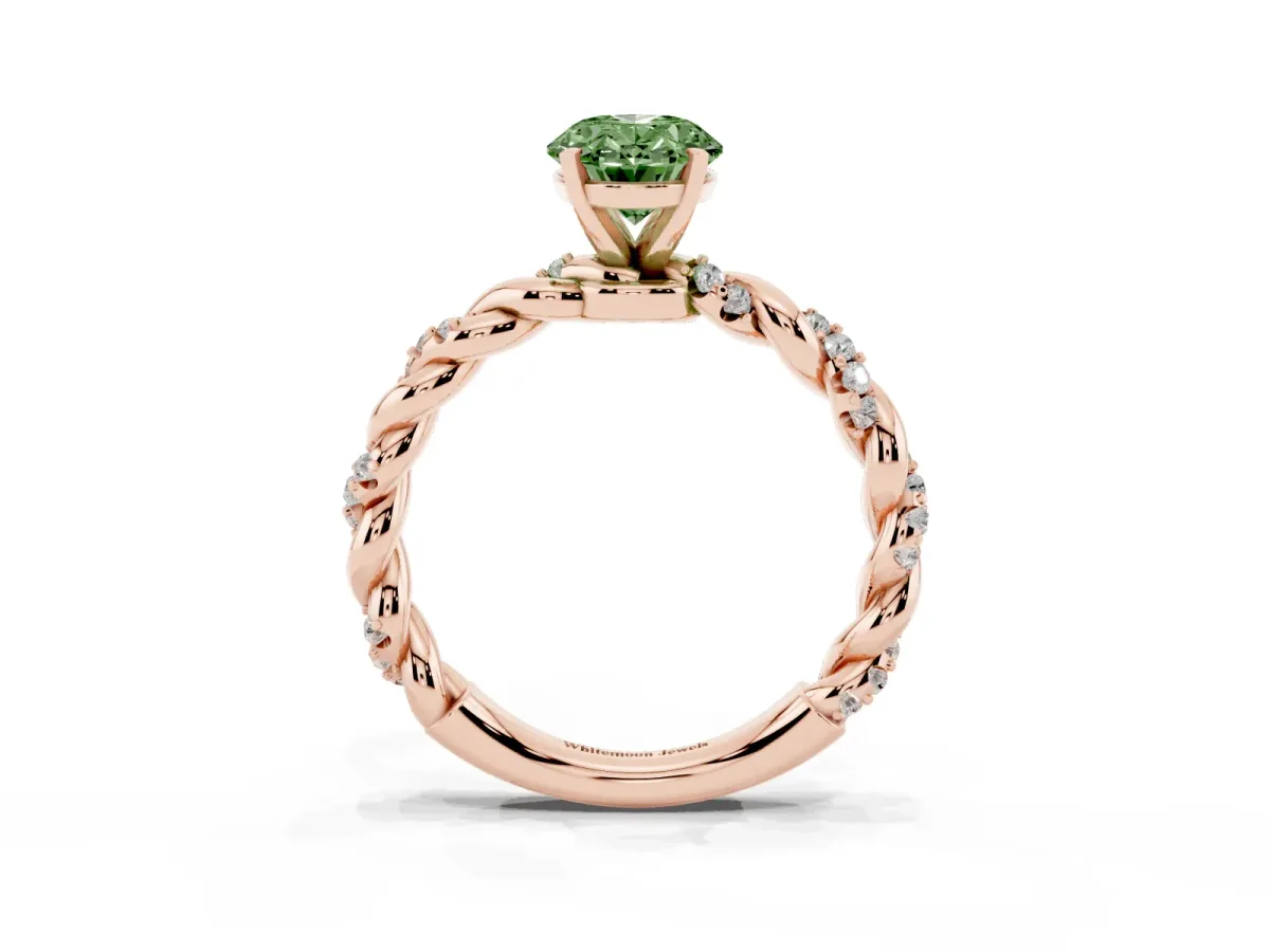 Fancy Green Oval Cut Diamond Solitaire Ring with Twisted Band and Pavé Accents Rose gold