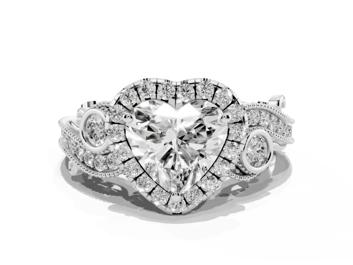 Heart Cut Diamond Halo Ring with Milgrain Pavé Band and Four-Prong Setting White gold