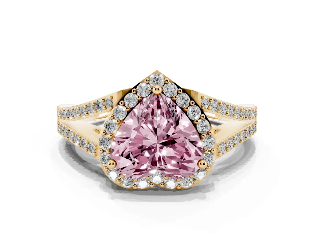 Fancy Pink Heart Cut Halo Split Shank Pave Diamond Ring with Four-Prong Setting Yellow gold