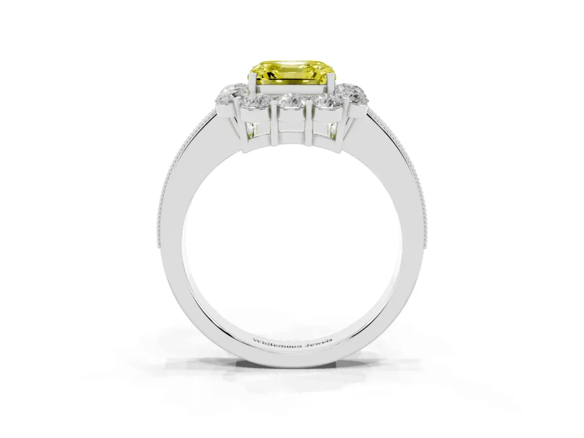 Fancy Yellow Asscher Cut Cut Halo Diamond Pavé Engagement Ring with Milgrain Detailing Platinum