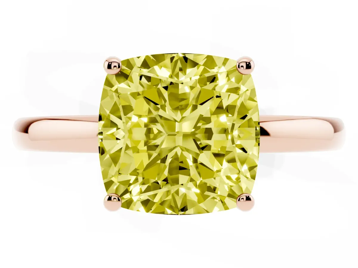 Fancy Yellow Cushion Cut Solitaire Diamond Ring with Prong Setting and Plain Band Rose gold