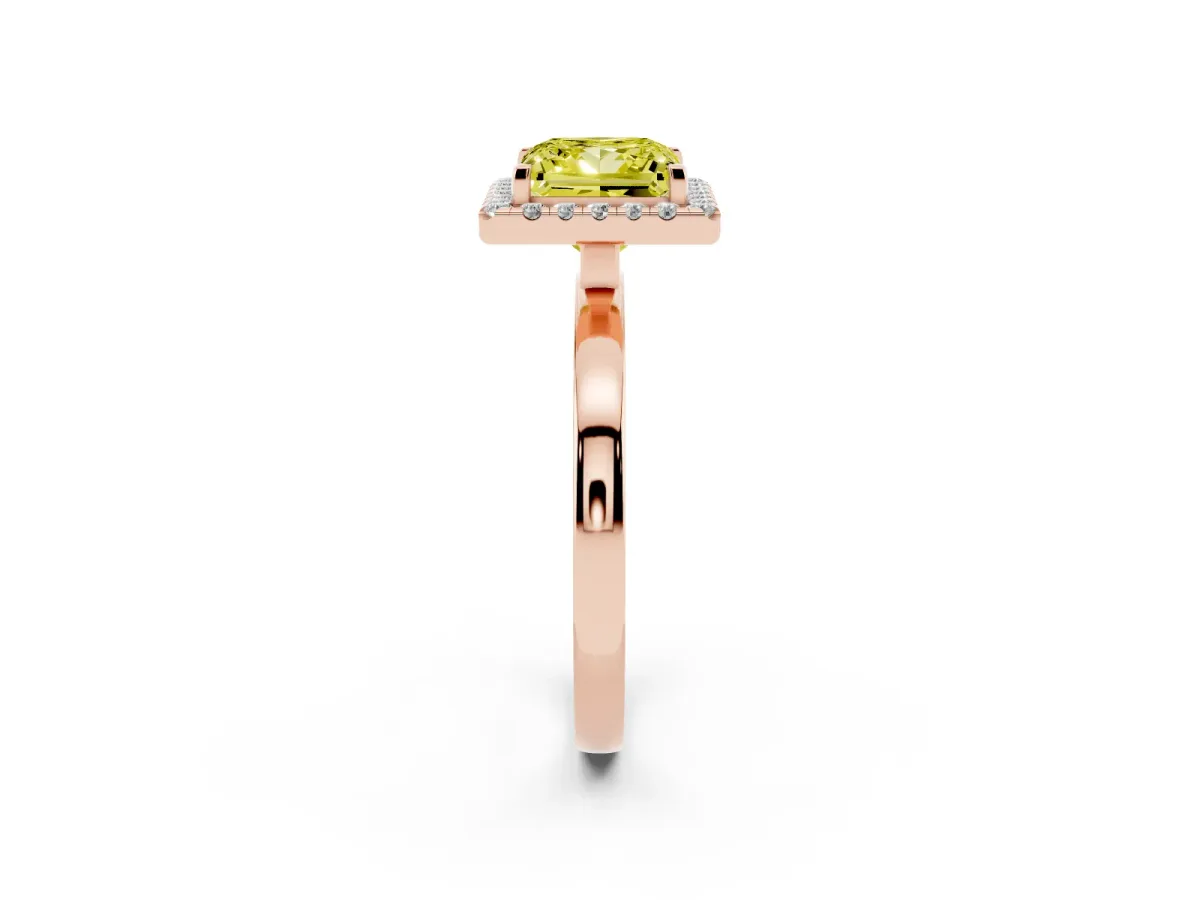 Fancy Yellow Princess Cut Halo Diamond Solitaire with Pavé Band and Four-Prong Setting Rose gold