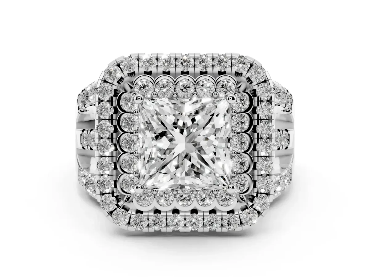 Princess Cut Diamond Double Halo Ring with Round Pavé Split Shank and Prong Setting Silver
