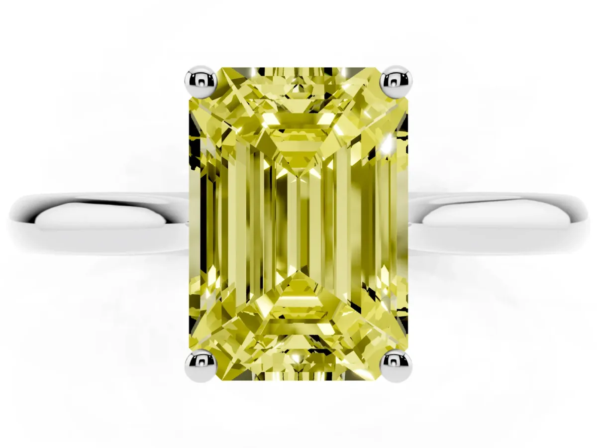 Fancy Yellow Emerald Cut Cut Solitaire Ring with Cathedral Band and Four-Prong Setting Silver