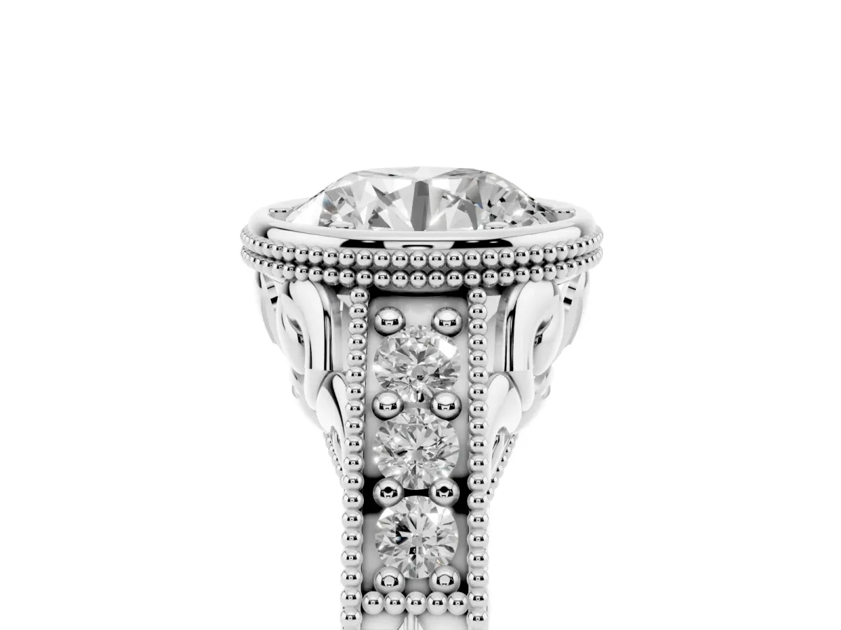 Bezel Set Round Cut Diamond Milgrain Pave Engagement Ring Silver