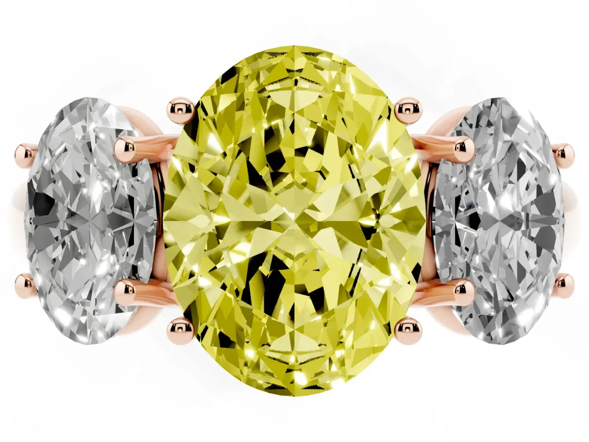 Fancy Yellow Three-Stone Oval Cut Diamond Engagement Ring with Prong Setting Rose gold