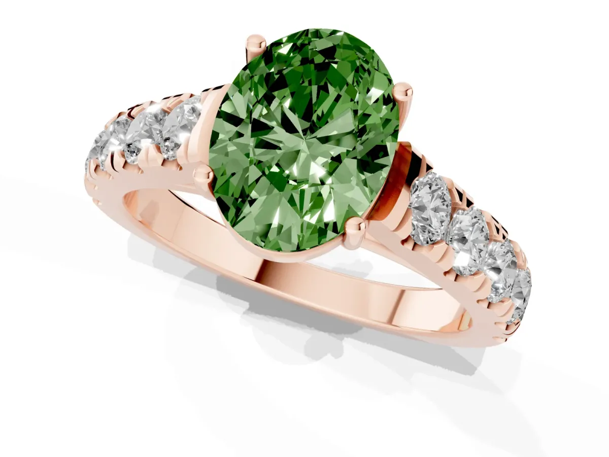 Fancy Green Oval Cut Cut Diamond Solitaire Ring with Micro Pave Band and Prong Setting Rose gold