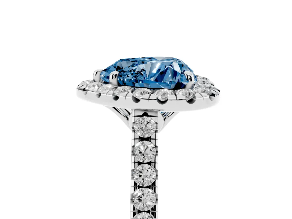 Fancy Blue Heart Cut Halo Pavé Diamond Engagement Ring with Four-Prong Setting Silver