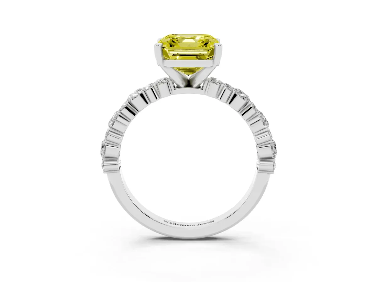 Fancy Yellow Asscher Cut Diamond Side Stone Solitaire Ring with Round and Four-Prong Setting Platinum