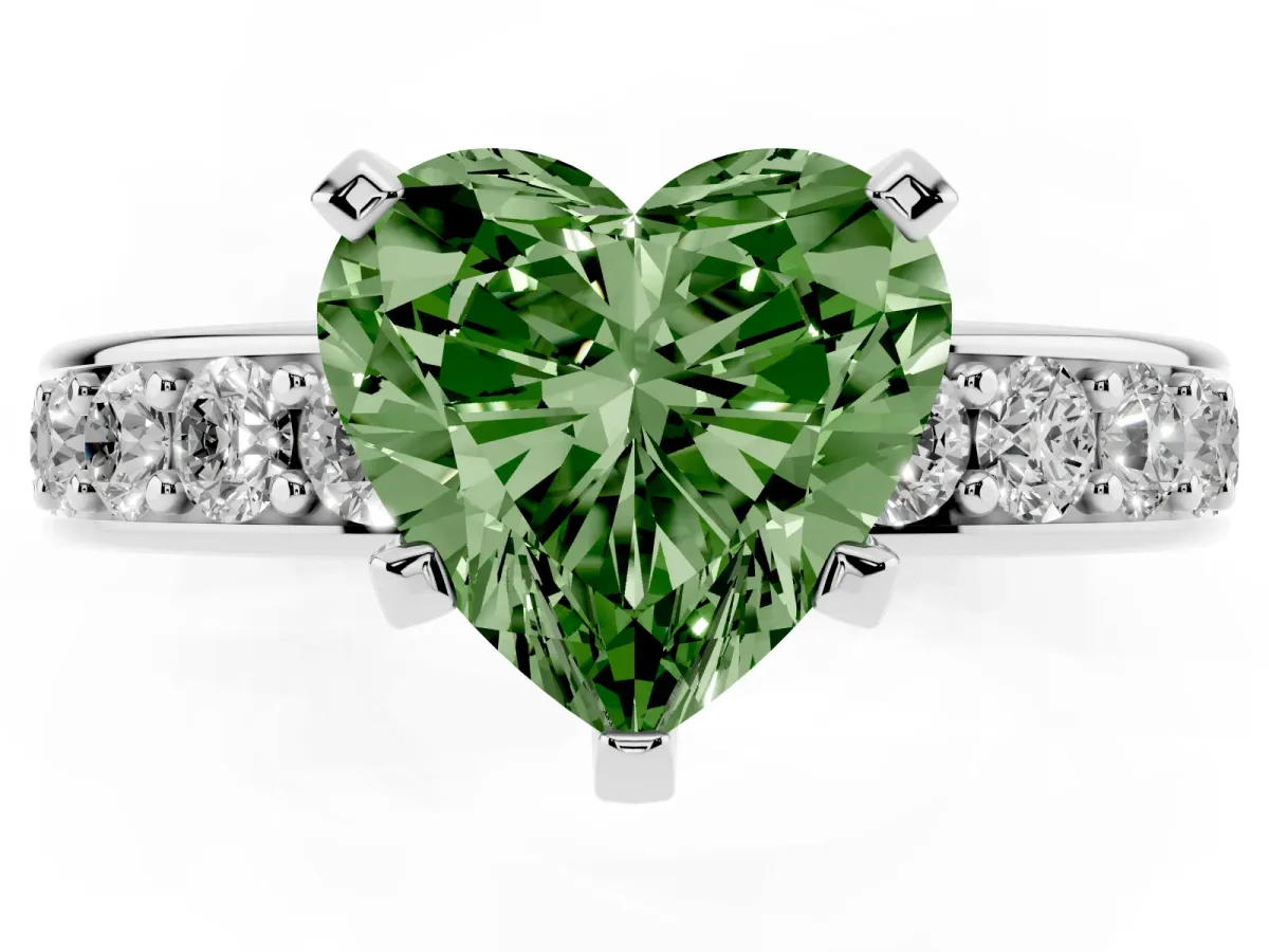 Fancy Green Heart Cut Diamond Engagement Ring with Channel Set Round Band and Prong Setting Platinum