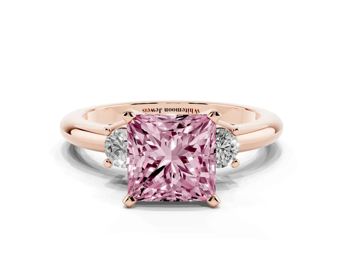 Fancy Pink Three-Stone Princess Cut Cut Diamond Solitaire with Prong Setting and Classic Band Rose gold