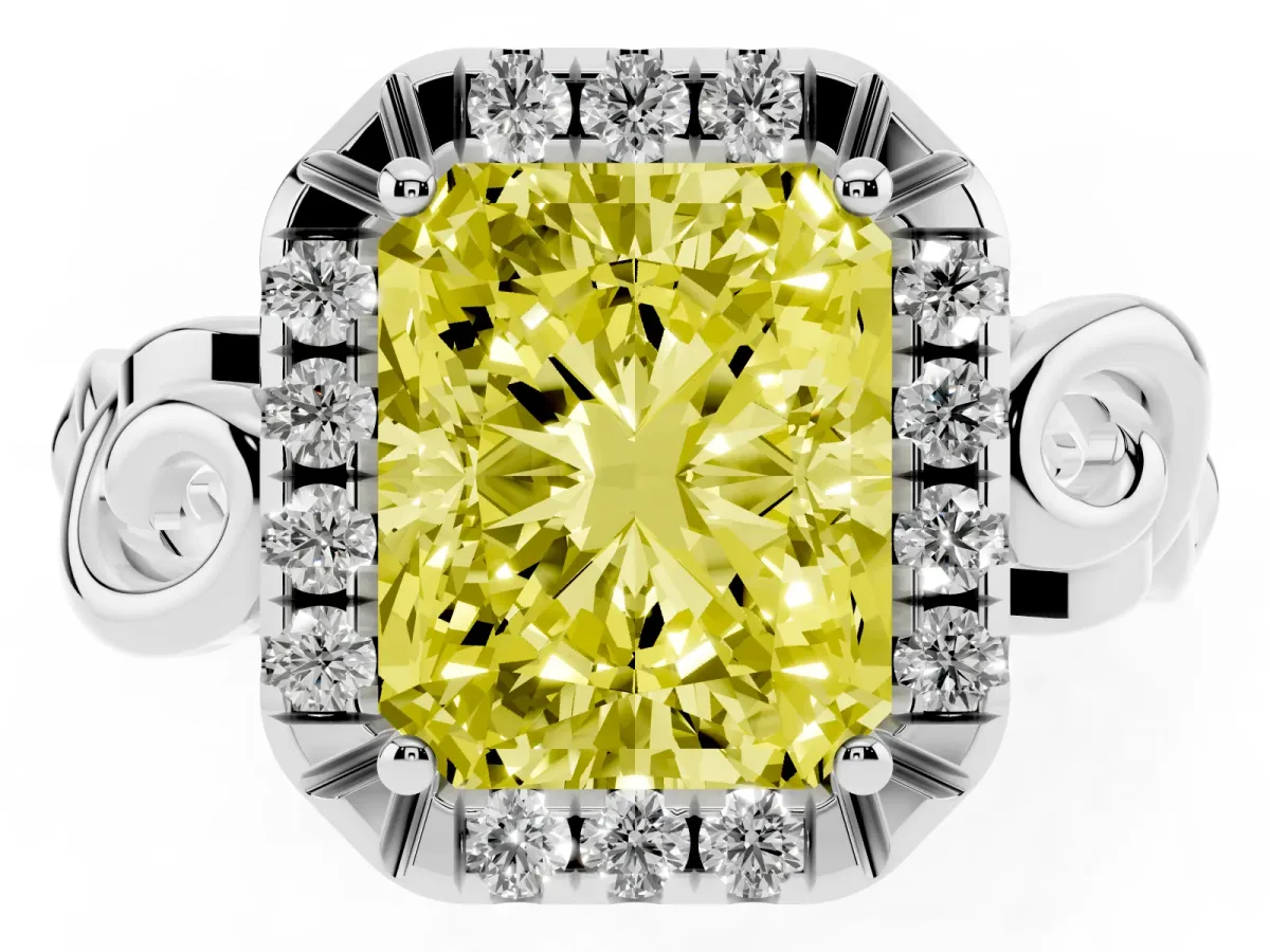 Fancy Yellow Radiant Cut Cut Halo Diamond Ring with Scrollwork Band and Four-Prong Setting Silver