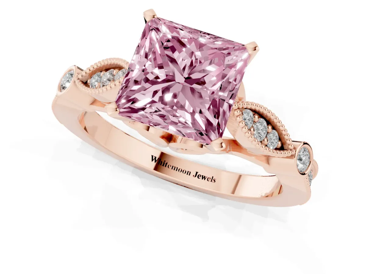 Fancy Pink Princess Cut Cut Diamond with Milgrain Marquise and Bezel Accents on a Solitaire Band with Prong Setting Rose gold