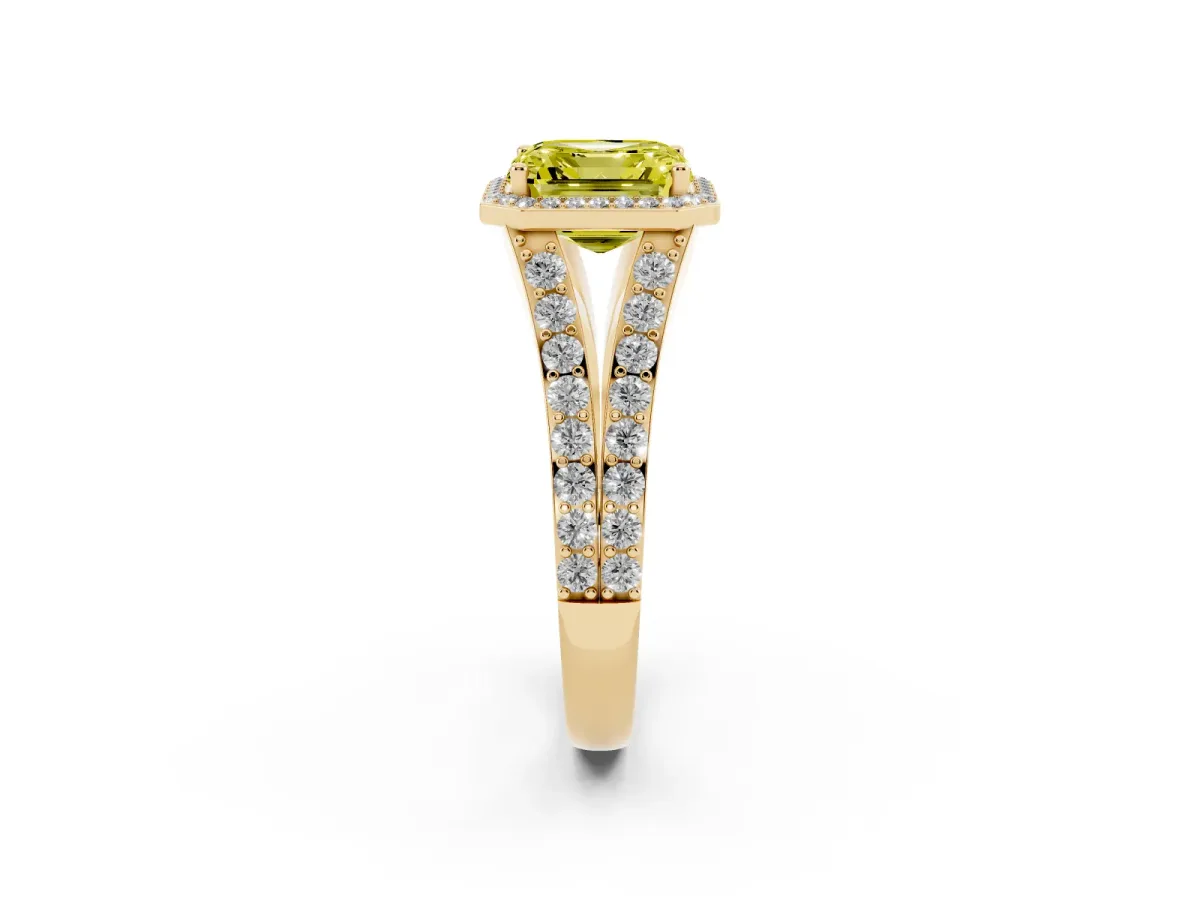 Fancy Yellow Asscher Cut Diamond Split Shank Halo Ring with Four-Prong Setting Yellow gold
