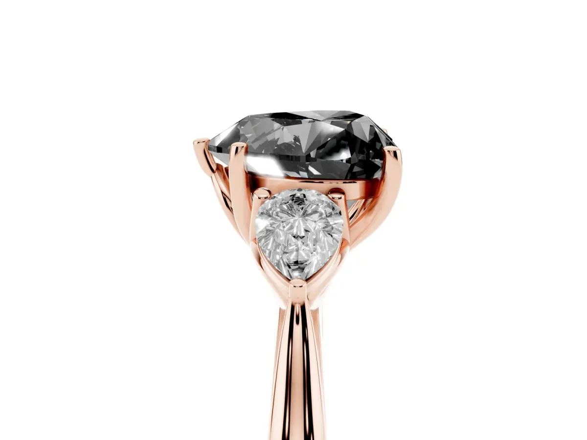 Fancy Black Three-Stone Heart Cut Brilliant Diamond Solitaire Ring with Tapered Band and Four-Prong Setting Rose gold