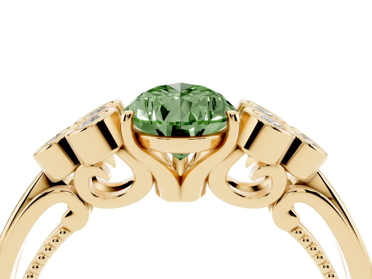 Fancy Green Pear Cut Cut Diamond Engagement Ring with Bezel Set Round Side Stones and Prong Setting Yellow gold
