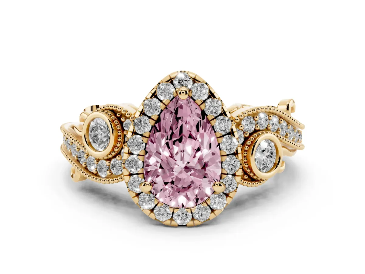 Fancy Pink Pear Cut Halo Diamond Ring with Milgrain and Bezel Accents on a Split Shank Band Yellow gold