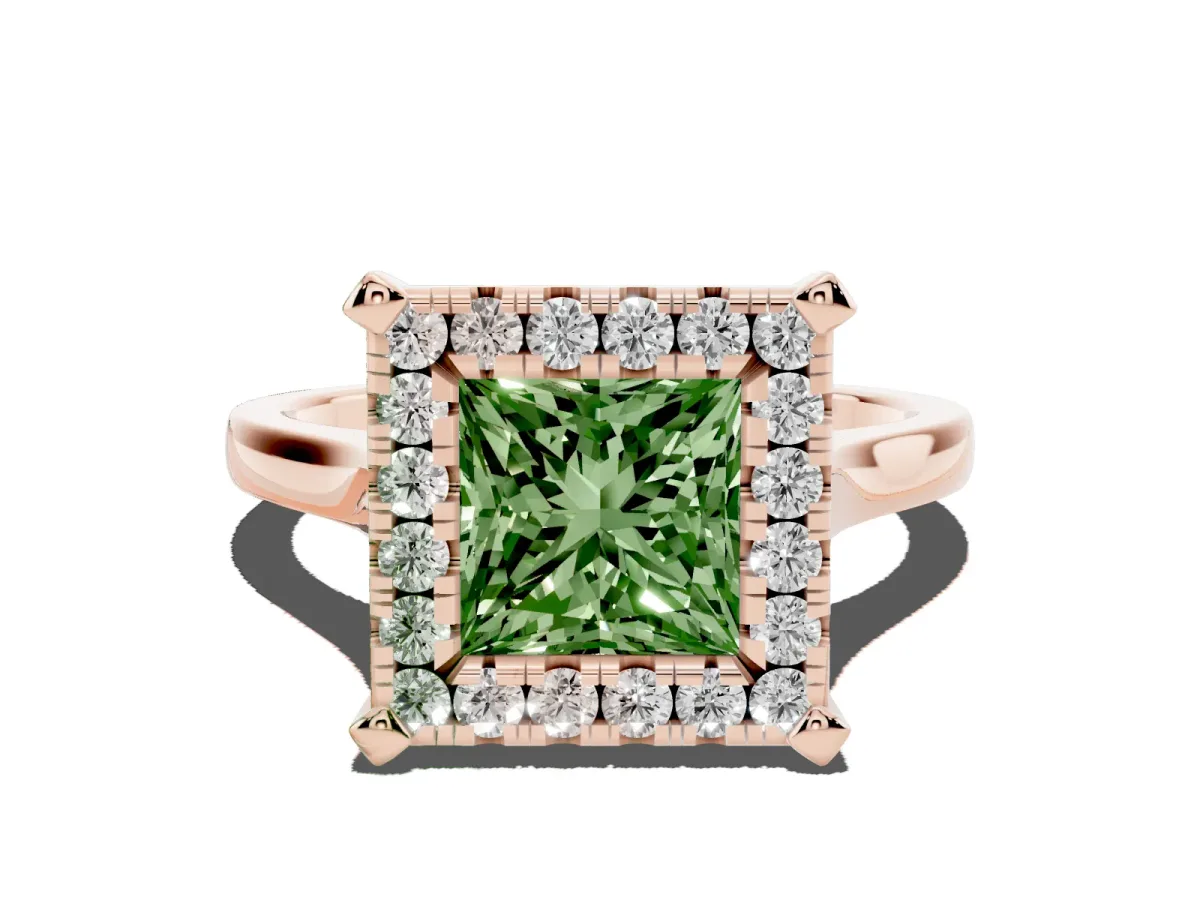 Fancy Green Princess Cut Diamond Cluster Halo Solitaire with Four-Prong Setting Rose gold