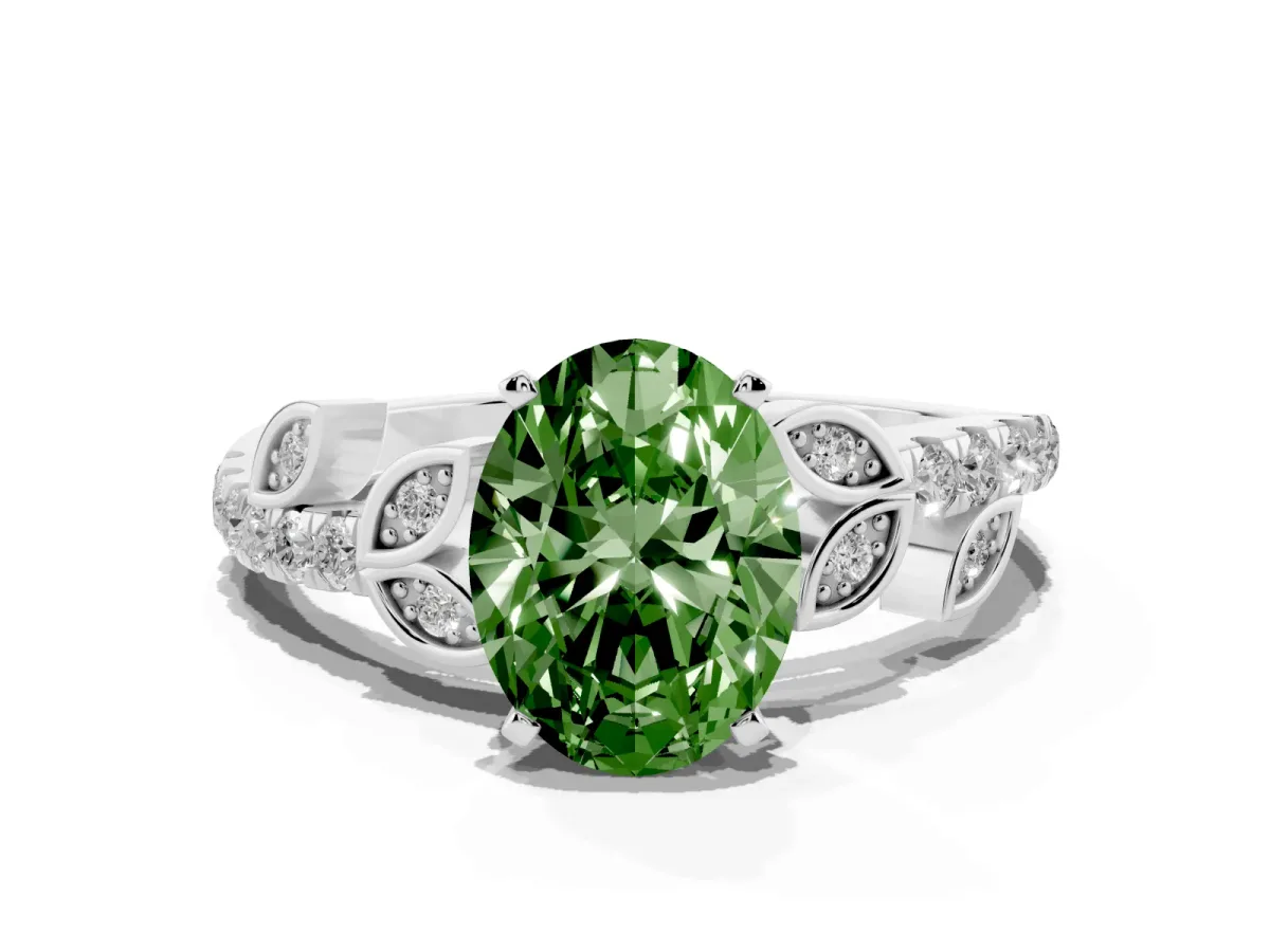 Fancy Green Oval Cut Solitaire Leaf-Inspired Diamond Ring with Pavé Band and Four-Prong Setting Silver