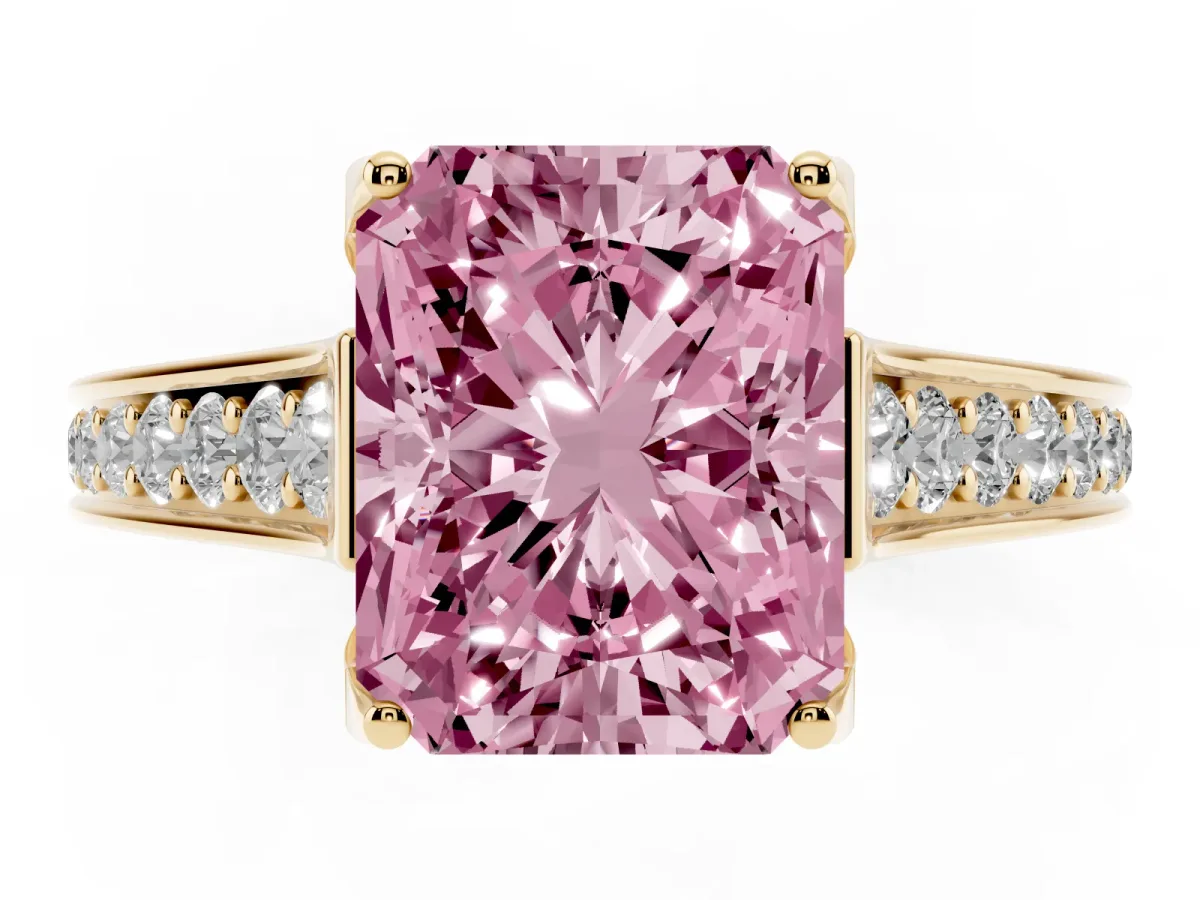 Fancy Pink Radiant Cut Brilliant Cut Diamond Engagement Ring with Pavé Band and Four-Prong Setting Yellow gold
