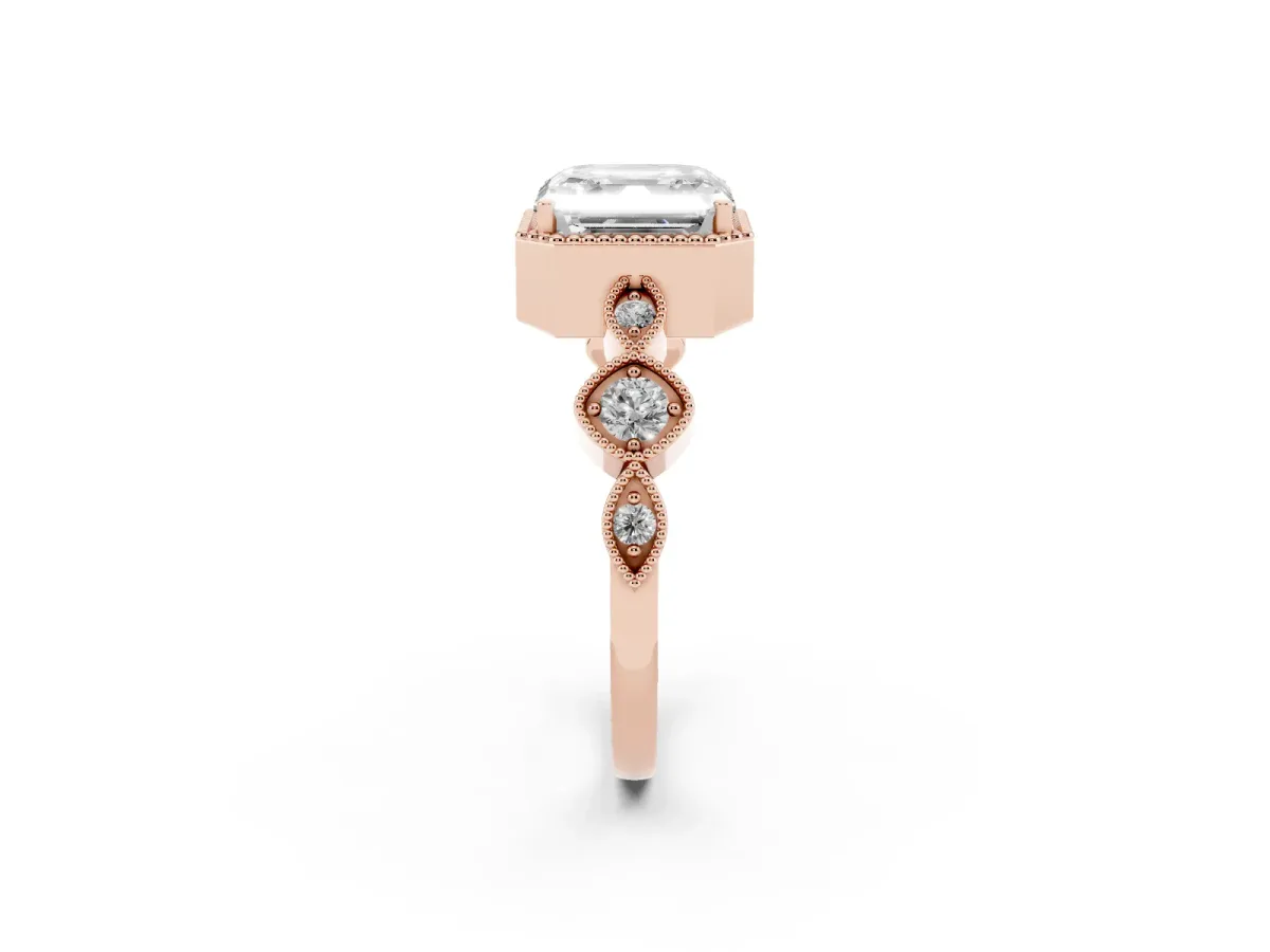 Asscher Cut Diamond Vintage Milgrain Ring with Round Stations Rose gold