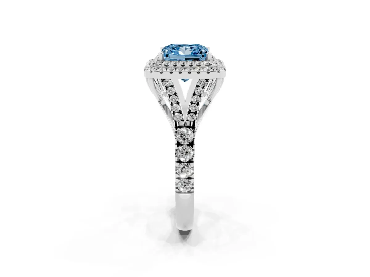 Fancy Blue Double Halo Princess Cut Diamond Split Shank Engagement Ring with Four-Prong Setting Platinum