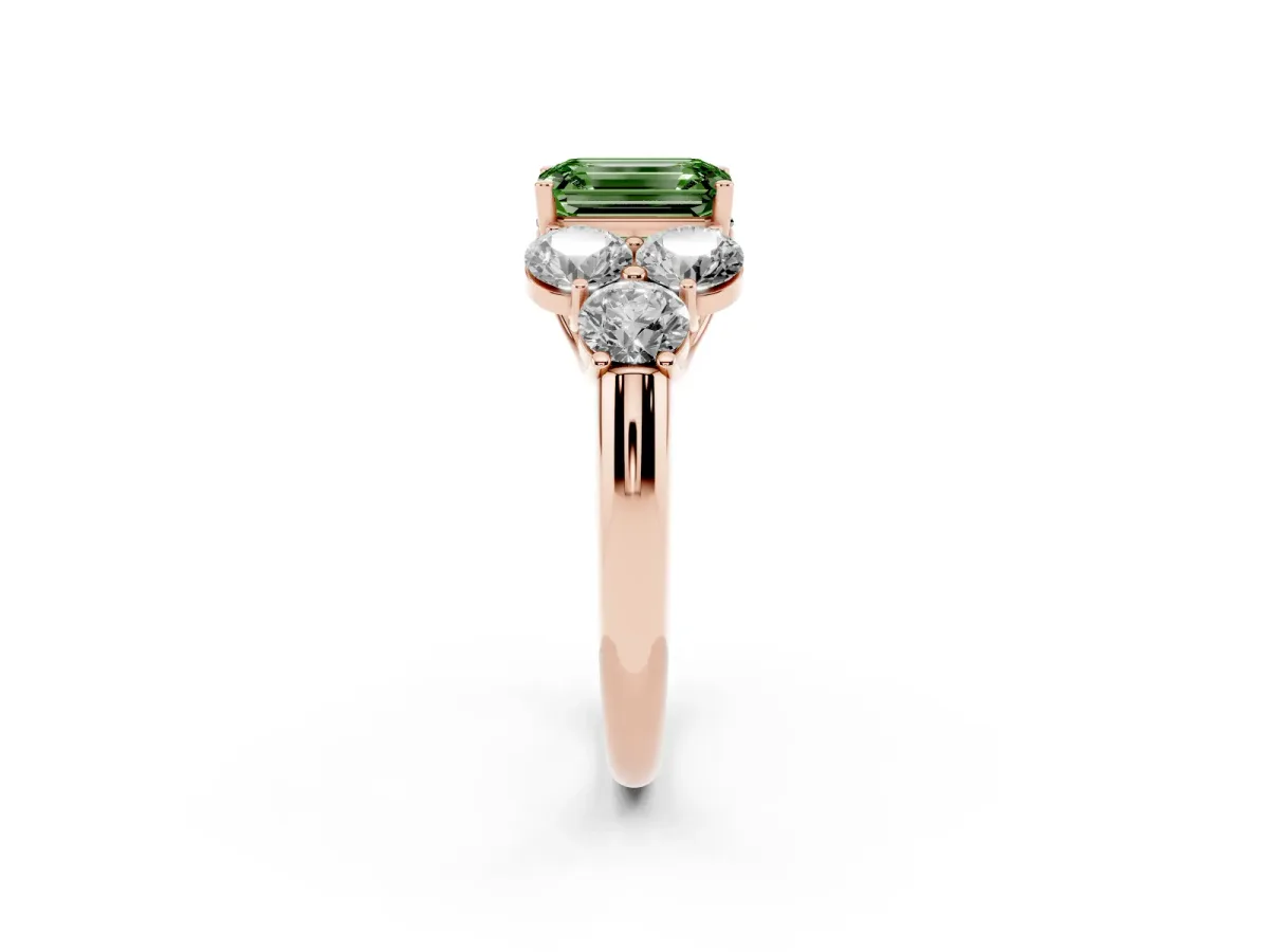 Fancy Green Emerald Cut Cut Diamond Cluster Ring with Round Accent Stones and Prong Setting on a Classic Band Rose gold