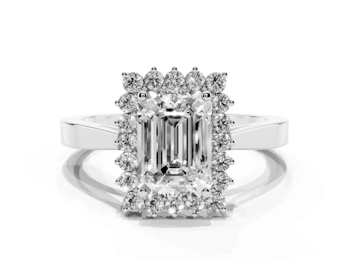 Emerald Cut Cut Diamond Halo Ring with Round Brilliant Halo and Solitaire Band Silver