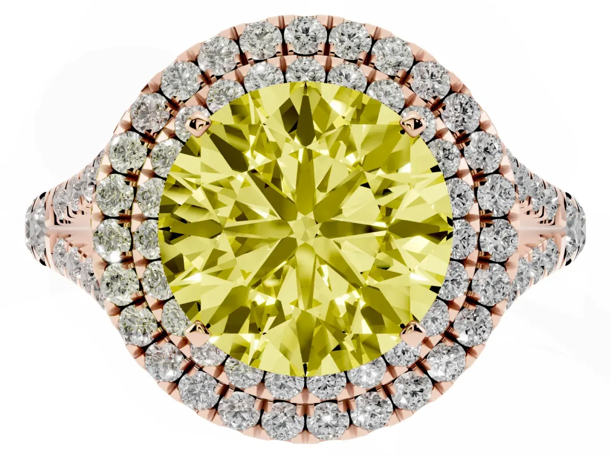 Fancy Yellow Round Cut Diamond Double Halo Ring with Split Shank and Prong Setting Rose gold