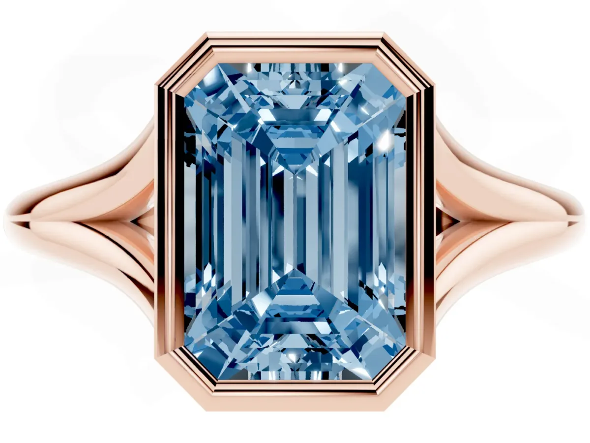 Fancy Blue Bezel Set Emerald Cut Cut Solitaire Ring with Tapered Band Rose gold