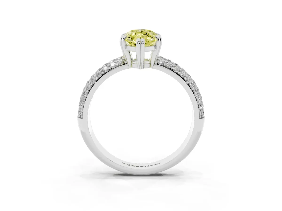 Fancy Yellow Marquise Cut Diamond Solitaire Ring with Multi-Row Round Pavé Band and Prong Setting White gold