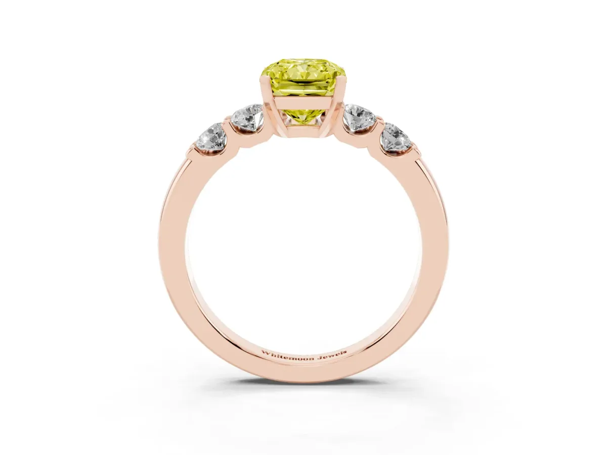 Fancy Yellow Radiant Cut Brilliant Cut Diamond Five-Stone Prong Set Engagement Ring with Channel Band Rose gold