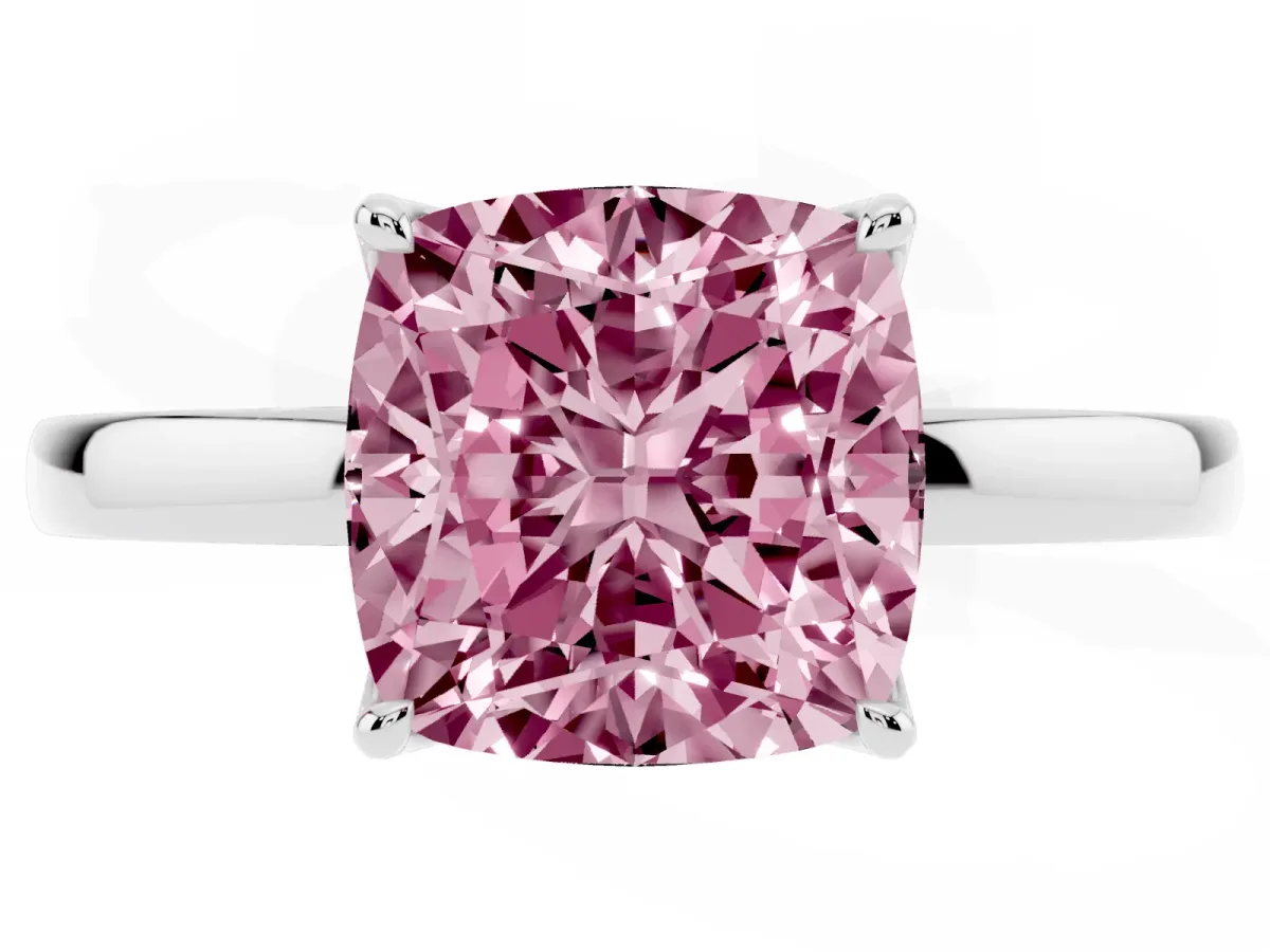 Fancy Pink Cushion Cut Diamond Solitaire Ring with Thin Band and Prong Setting Platinum