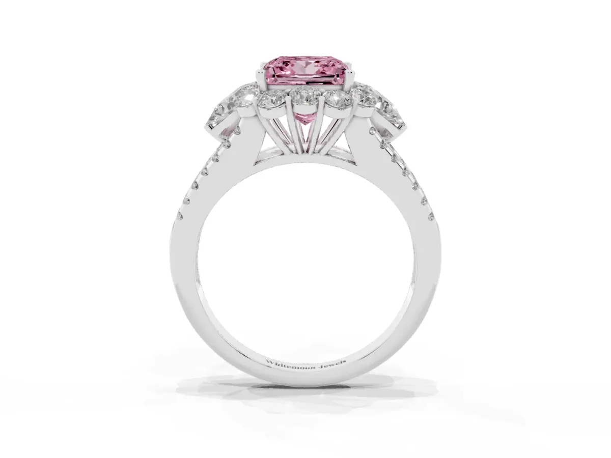 Fancy Pink Princess Cut Halo Split Shank Diamond Engagement Ring with Prong Setting Platinum