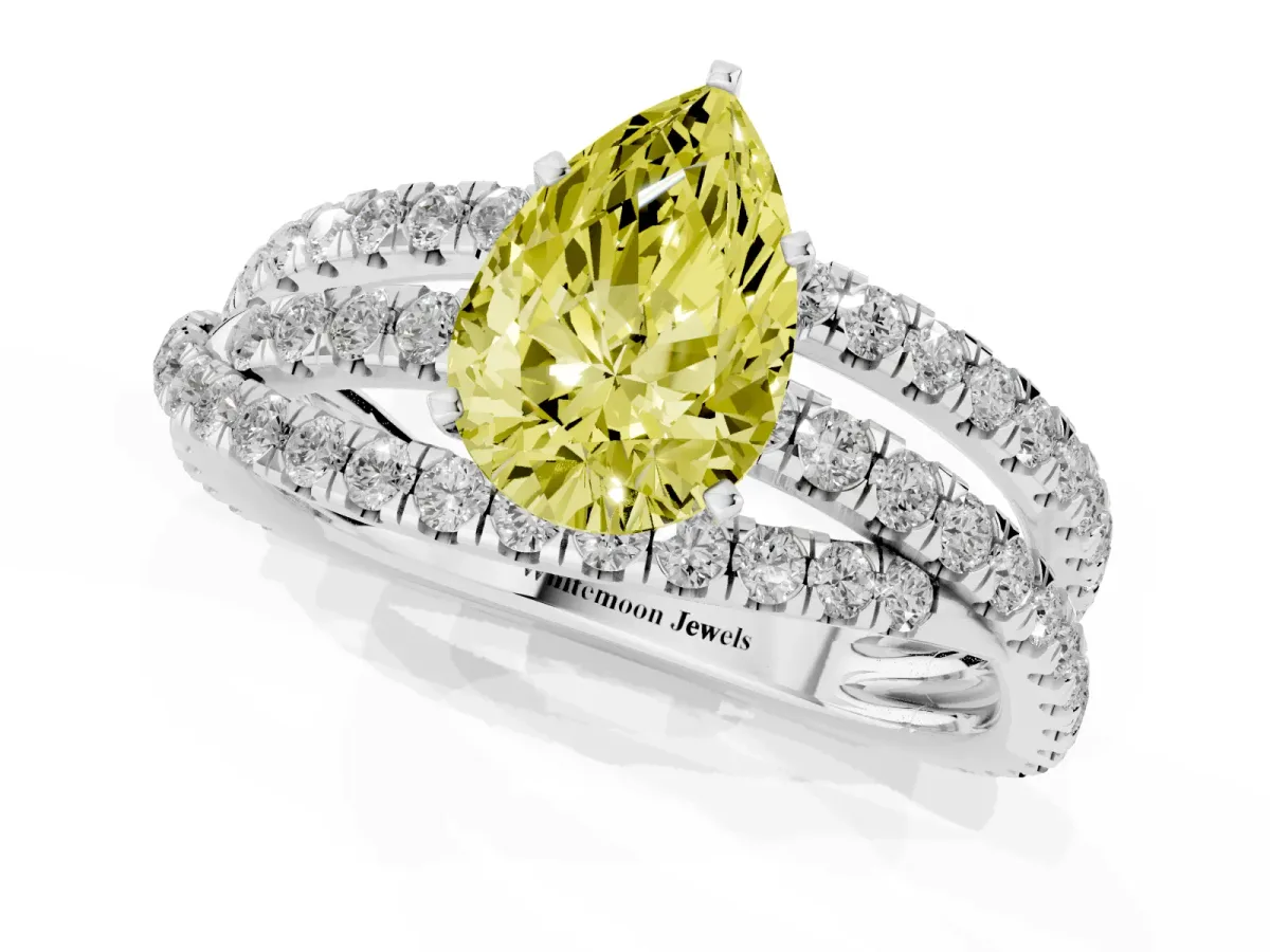 Fancy Yellow Pear Cut Solitaire Twist Band with Pavé Setting and Four-Prong Setting Silver
