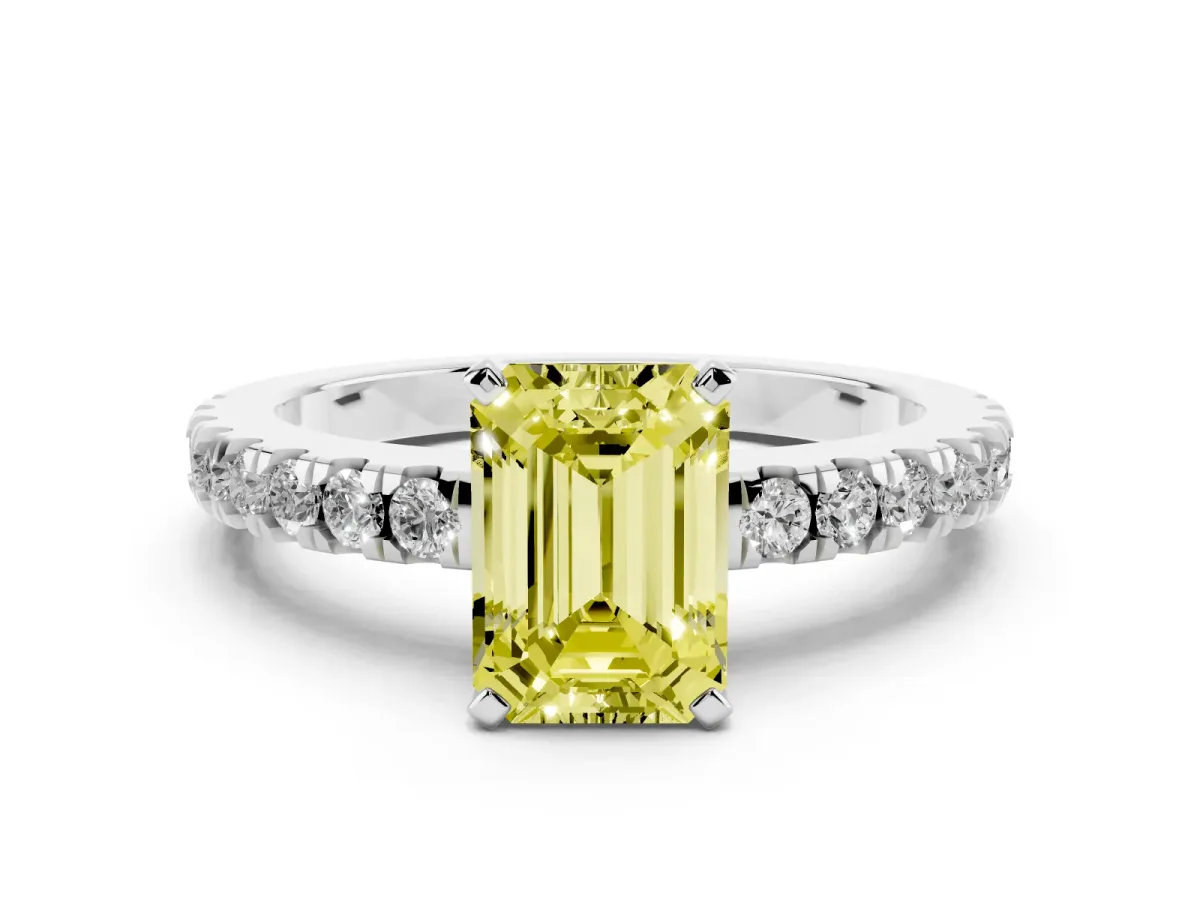 Fancy Yellow Emerald Cut Solitaire Diamond with Pavé Band and Four-Prong Setting Silver