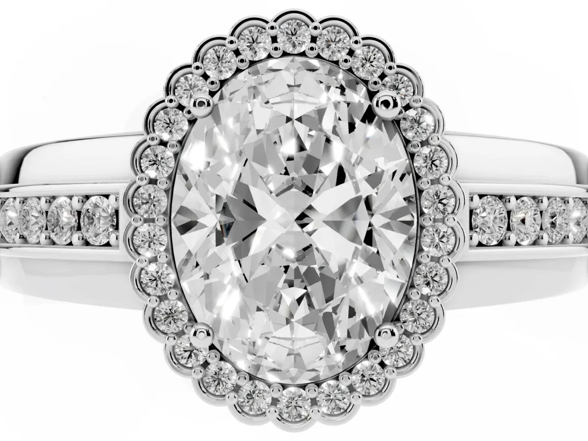 Oval Cut Cut Halo Pave Band Four-Prong Ring Silver