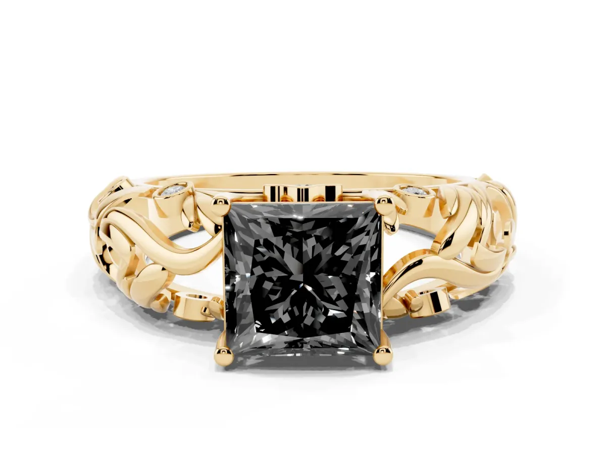 Fancy Black Princess Cut Solitaire Diamond Leaf-Inspired Vine Band Ring with Prong Setting Yellow gold