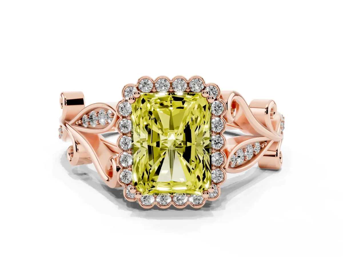 Fancy Yellow Radiant Cut Diamond Halo Ring with Vintage Split Shank and Four-Prong Setting Rose gold