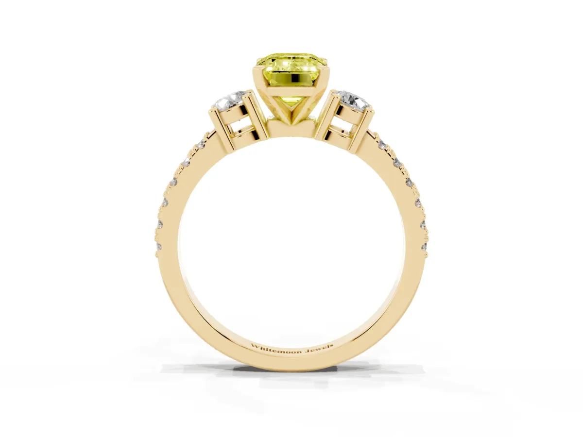 Fancy Yellow Emerald Cut Three-Stone Diamond Pavé Band with Prong Setting Yellow gold